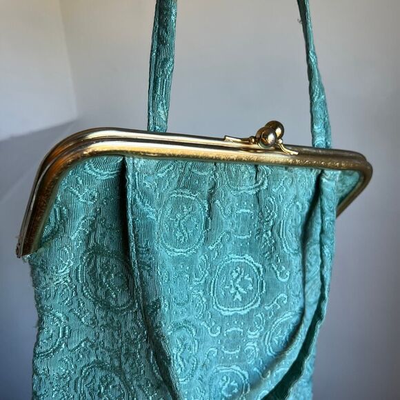 Antique Vintage‎ Teal Seafoam Green Handbag Kiss Lock Purse Tote Gold Tapestry - Picture 5 of 9